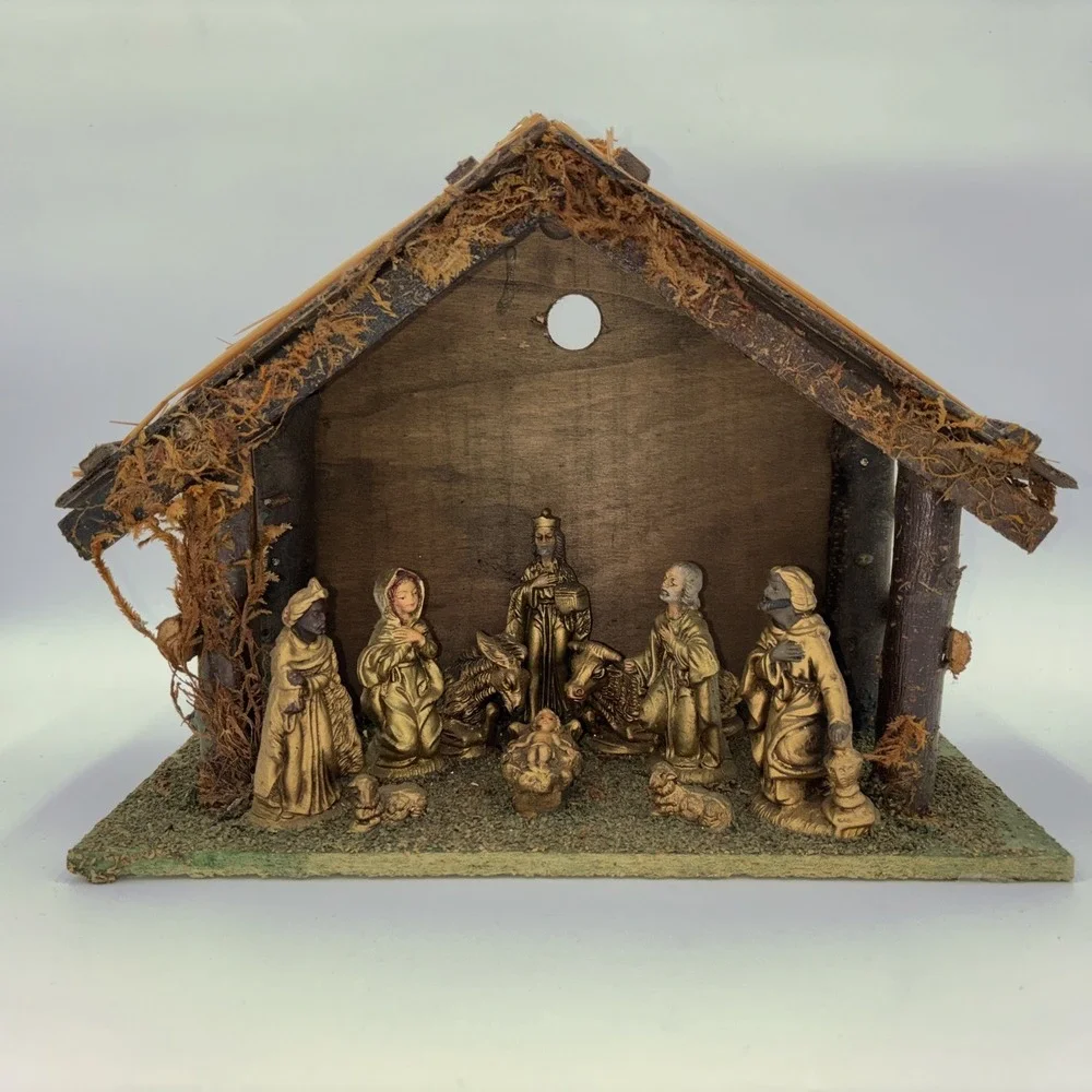 VTG Nativity Scene Crèche Set Rustic Stable Antique Gold Look Fixed Figurines